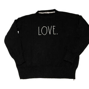 Rae Dunn Womens Black Knit Love Sweater Size Medium Crewneck Pullover